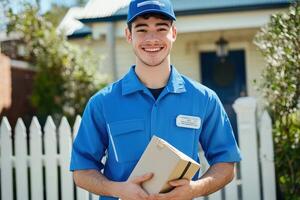 A smiling man in a blue uniform holding a package photo