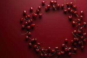 A circle of cherries arranged in a circle on a red background photo