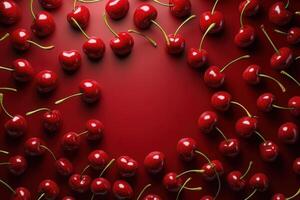 A circle of cherries on a red background photo