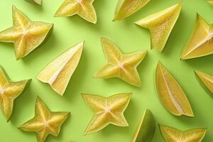 Star fruit on green background top view, flat lay, flat lay, top view, top view photo