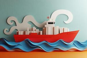 Paper cut of a ship in the ocean photo