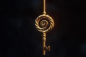 Golden key with spiral design on black background photo