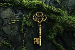 A key is sitting on a rock covered in moss photo