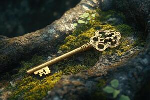 A golden key laying on top of a moss covered rock photo