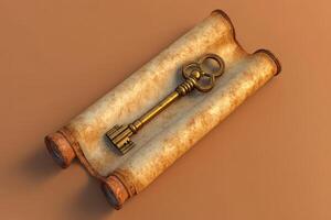 An old key is sitting on top of a scroll photo