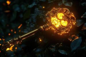 A golden key with glowing lights on it photo