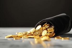 A black bag filled with gold coins photo
