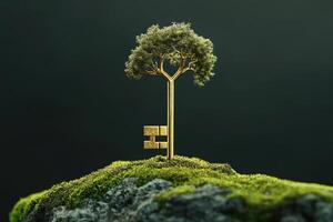 A key shaped like a tree is sitting on top of a rock photo