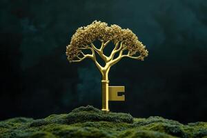 Golden key with tree on top of green moss photo