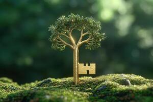 Golden key with tree on top of green grass photo