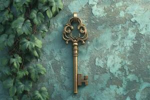 An old key on a wall with ivy growing around it photo