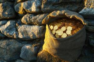 Gold coins in a sack on a stone wall photo
