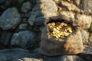 A bag full of gold coins sitting on a rock photo