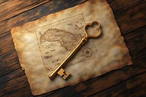 Golden Key Rests Upon Ancient Treasure Map photo