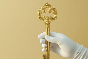 A gloved hand holds an ornate golden key photo