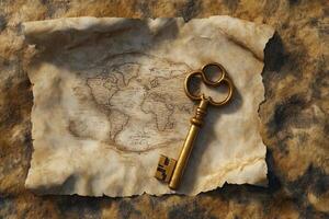 Ancient Key Rests Upon a World Map Drawn on Parchment photo