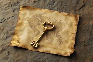 Golden Key Rests Upon Ancient World Map photo