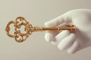 A gloved hand delicately holds an ornate golden key photo