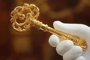 A gloved hand displays an ornate golden key photo