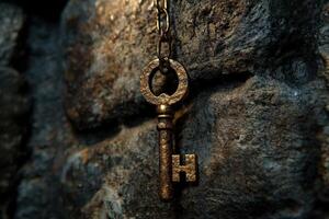 Antique Key Hanging on a Rough Stone Wall photo