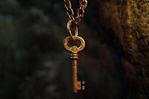 An ornate golden key hangs from a heavy chain photo