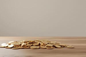 Gold coins on wooden table with copy space photo