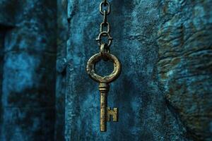 Ancient Key Hanging on a Rusted Chain Against a Stone Wall photo