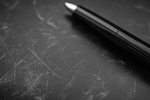 Black Pen Resting on a Scratched Dark Surface photo