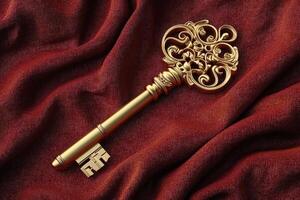 Ornate Golden Key Rests on Red Fabric photo