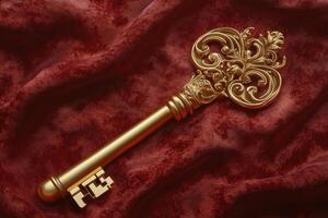 Ornate Golden Key Rests on Red Velvet Fabric photo