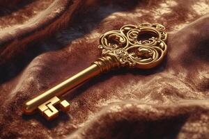 Ornate Golden Key Rests on Brown Velvet Fabric photo