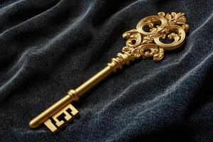 Ornate Golden Key Rests on Dark Fabric photo
