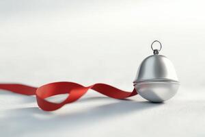 Silver Bell with Red Ribbon on White Background photo