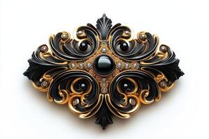 Golden black and black ornate brooch with diamonds photo