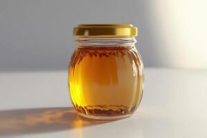 Glass Jar of Golden Honey on White Background photo