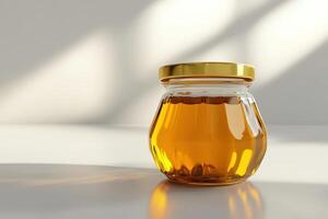 Golden capped jar filled with honey sits on white surface photo