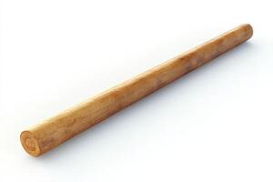 A single long wooden rolling pin rests on a white background photo