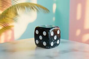 A weathered black die rests on a marble surface photo