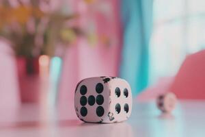 A Single Dice Rests On A Pastel Surface photo