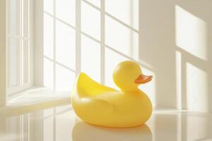 Yellow rubber duck sits near bright window photo