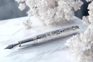 Ornate silver fountain pen rests on marble surface near flowers photo