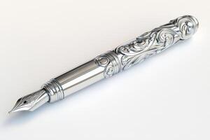 Ornate Silver Fountain Pen Isolated On White Background photo