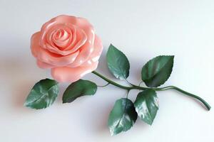 A single peach rose with green leaves rests elegantly on a white background photo