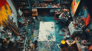Messy Artists Studio Filled With Paint And Supplies photo