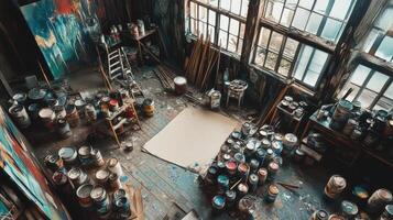 Messy Artist Studio Filled With Paint Cans And Artwork photo