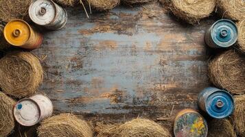 Rustic Wooden Background with Hay and Paint Cans photo