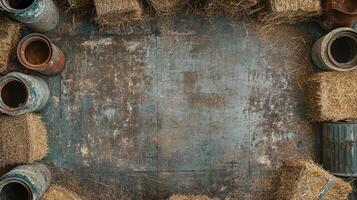 Rustic Background With Hay Bales And Old Metal Drums photo