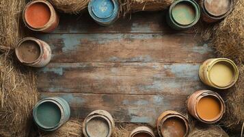 Rustic paint cans arranged on weathered wooden planks photo