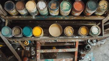 Paint cans on a wooden shelf in a workshop photo