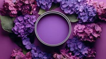 Purple Hydrangea Blooms Surround Paint Can photo